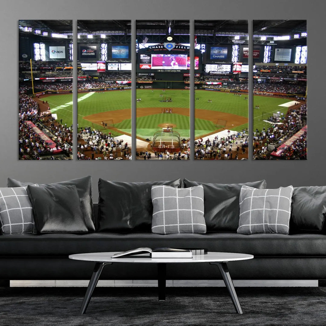 A large wall art triptych featuring the "Arizona Diamondbacks Baseball Team Print - Phoenix Chase Field Baseball Stadium Wall Art Canvas Print" is crafted on museum-quality canvas for an elegant touch.