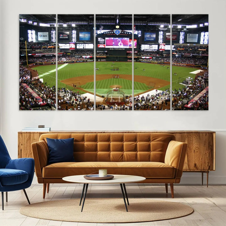 A large wall art triptych featuring the "Arizona Diamondbacks Baseball Team Print - Phoenix Chase Field Baseball Stadium Wall Art Canvas Print" is crafted on museum-quality canvas for an elegant touch.