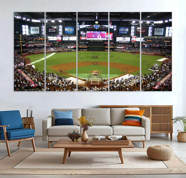 A large wall art triptych featuring the "Arizona Diamondbacks Baseball Team Print - Phoenix Chase Field Baseball Stadium Wall Art Canvas Print" is crafted on museum-quality canvas for an elegant touch.