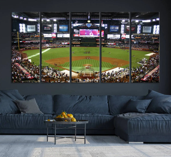 A large wall art triptych featuring the "Arizona Diamondbacks Baseball Team Print - Phoenix Chase Field Baseball Stadium Wall Art Canvas Print" is crafted on museum-quality canvas for an elegant touch.