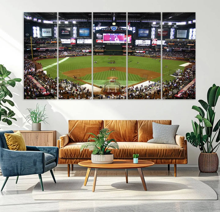 A large wall art triptych featuring the "Arizona Diamondbacks Baseball Team Print - Phoenix Chase Field Baseball Stadium Wall Art Canvas Print" is crafted on museum-quality canvas for an elegant touch.