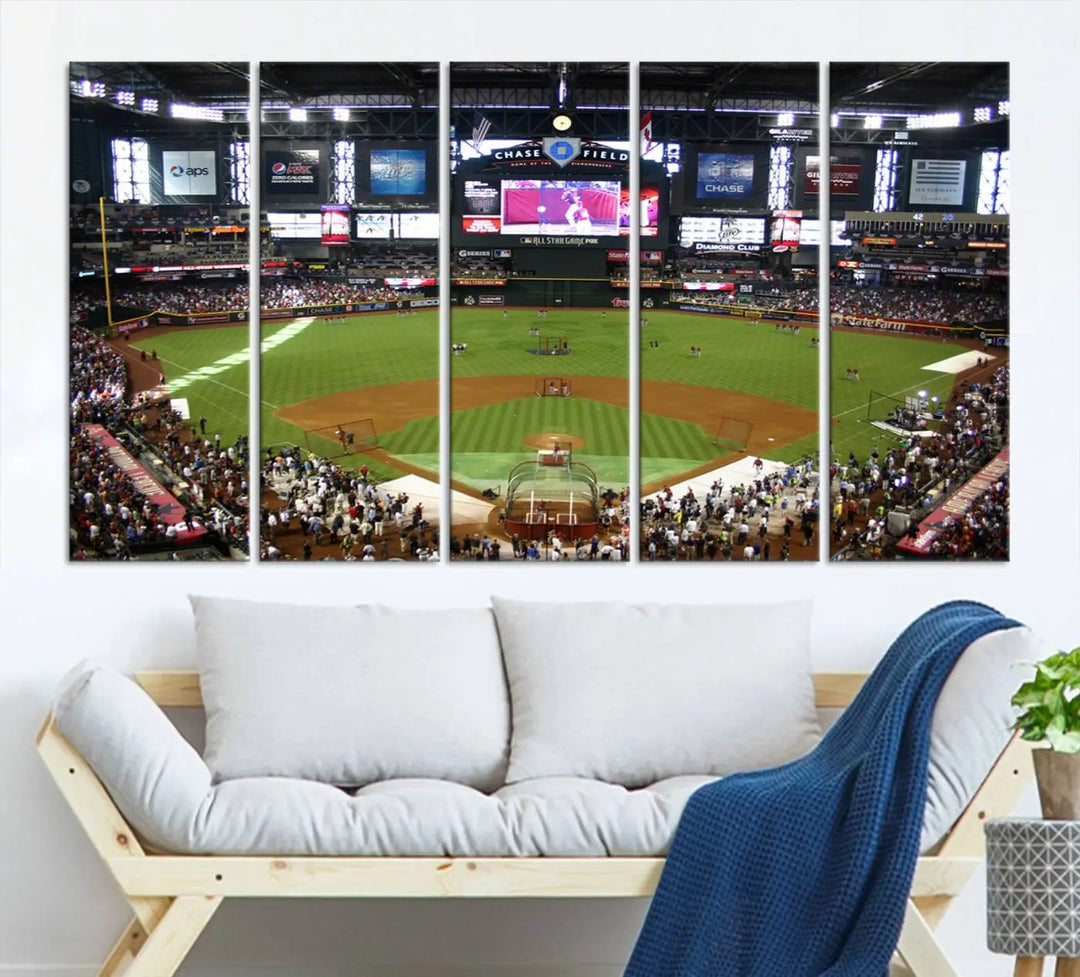 A large wall art triptych featuring the "Arizona Diamondbacks Baseball Team Print - Phoenix Chase Field Baseball Stadium Wall Art Canvas Print" is crafted on museum-quality canvas for an elegant touch.