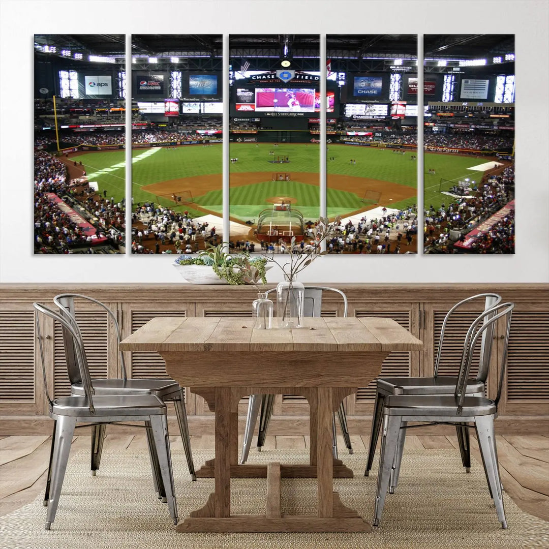 A large wall art triptych featuring the "Arizona Diamondbacks Baseball Team Print - Phoenix Chase Field Baseball Stadium Wall Art Canvas Print" is crafted on museum-quality canvas for an elegant touch.