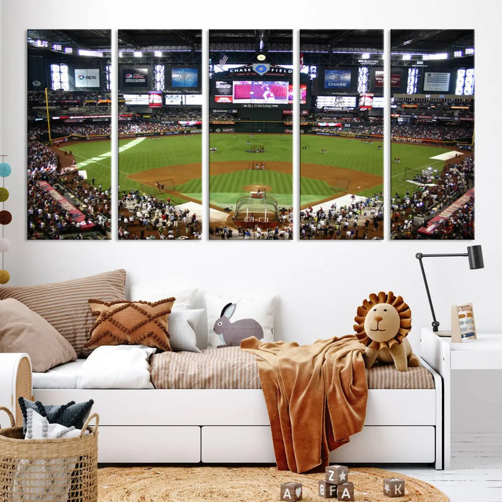 A large wall art triptych featuring the "Arizona Diamondbacks Baseball Team Print - Phoenix Chase Field Baseball Stadium Wall Art Canvas Print" is crafted on museum-quality canvas for an elegant touch.