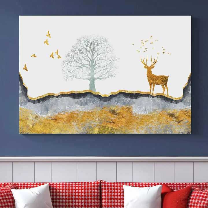 The dark gray wall is adorned with a triptych featuring a tree, birds, and a stag. This piece, titled "Artistic Deer Painting Wall Art Canvas Print Animal Wall Art Deer Art Print," is crafted as gallery-wrapped art from museum-quality polycotton and features a UV-protective coating to preserve its vibrant display.