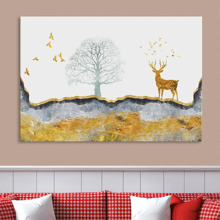 The dark gray wall is adorned with a triptych featuring a tree, birds, and a stag. This piece, titled "Artistic Deer Painting Wall Art Canvas Print Animal Wall Art Deer Art Print," is crafted as gallery-wrapped art from museum-quality polycotton and features a UV-protective coating to preserve its vibrant display.