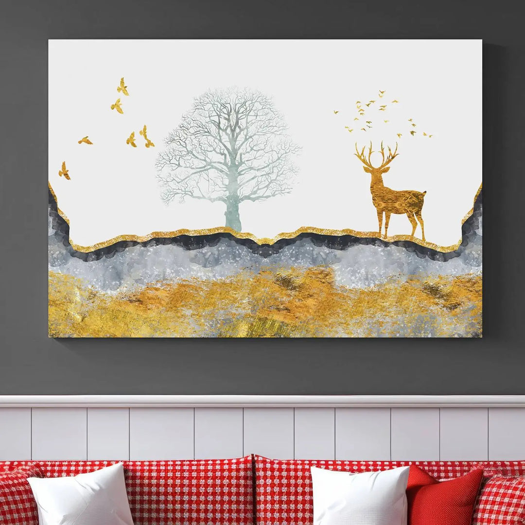 The dark gray wall is adorned with a triptych featuring a tree, birds, and a stag. This piece, titled "Artistic Deer Painting Wall Art Canvas Print Animal Wall Art Deer Art Print," is crafted as gallery-wrapped art from museum-quality polycotton and features a UV-protective coating to preserve its vibrant display.