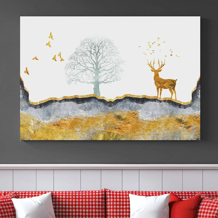 The dark gray wall is adorned with a triptych featuring a tree, birds, and a stag. This piece, titled "Artistic Deer Painting Wall Art Canvas Print Animal Wall Art Deer Art Print," is crafted as gallery-wrapped art from museum-quality polycotton and features a UV-protective coating to preserve its vibrant display.