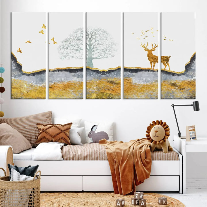 The dark gray wall is adorned with a triptych featuring a tree, birds, and a stag. This piece, titled "Artistic Deer Painting Wall Art Canvas Print Animal Wall Art Deer Art Print," is crafted as gallery-wrapped art from museum-quality polycotton and features a UV-protective coating to preserve its vibrant display.