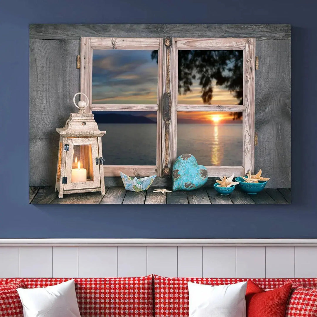 Enhance your living space with the Astonishing Sunset from the Window Wall Art Canvas Print. This triptych, crafted on museum-quality canvas with a UV-protective coating, showcases a breathtaking seaside sunset view through rustic wooden windows. It's ready to hang and will effortlessly elevate your room.