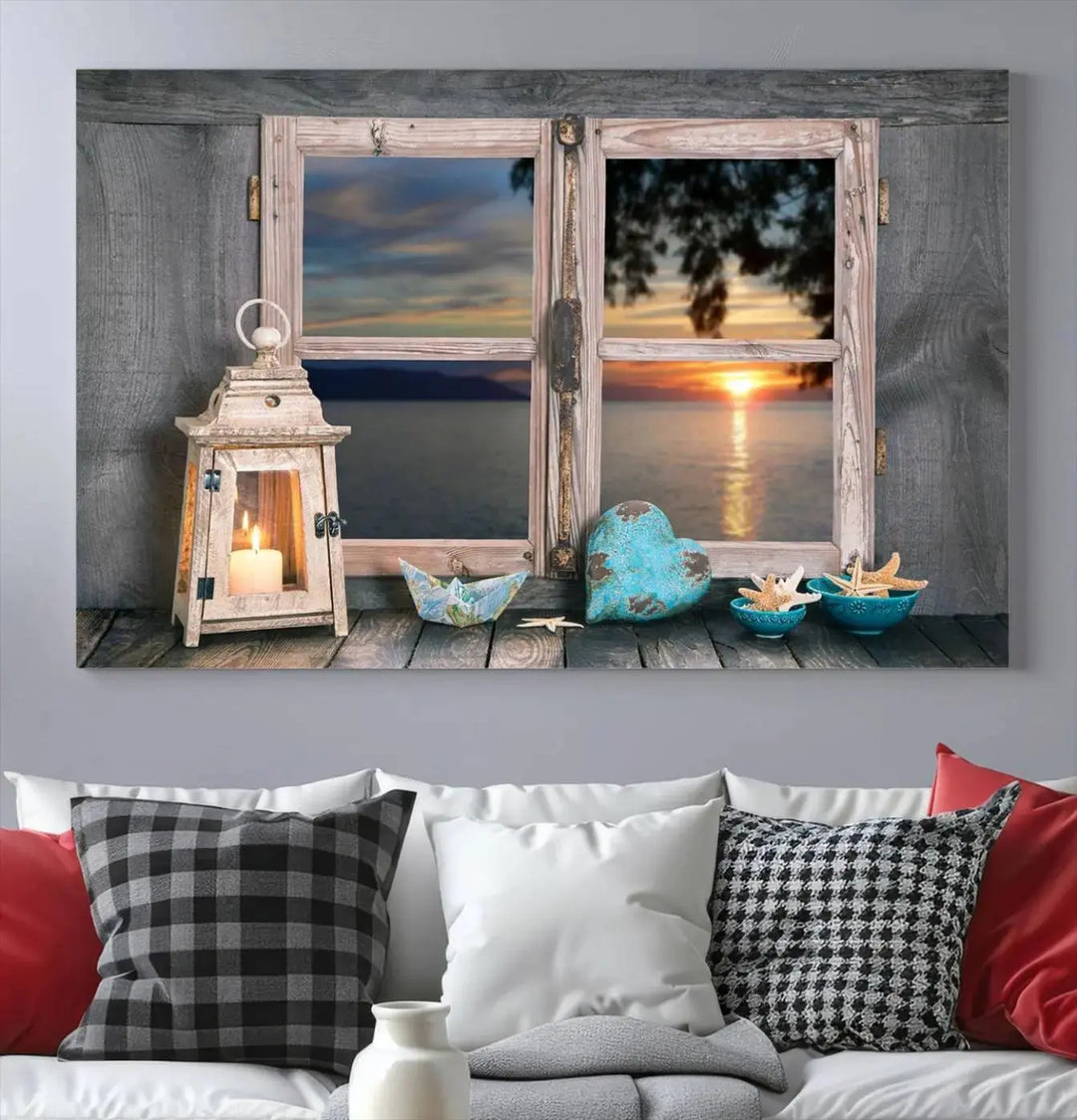 Enhance your living space with the Astonishing Sunset from the Window Wall Art Canvas Print. This triptych, crafted on museum-quality canvas with a UV-protective coating, showcases a breathtaking seaside sunset view through rustic wooden windows. It's ready to hang and will effortlessly elevate your room.