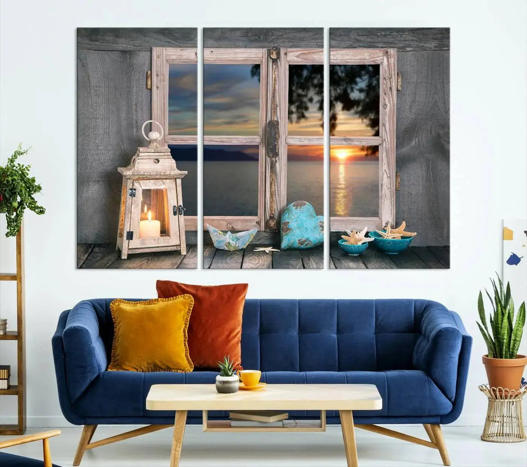 Enhance your living space with the Astonishing Sunset from the Window Wall Art Canvas Print. This triptych, crafted on museum-quality canvas with a UV-protective coating, showcases a breathtaking seaside sunset view through rustic wooden windows. It's ready to hang and will effortlessly elevate your room.