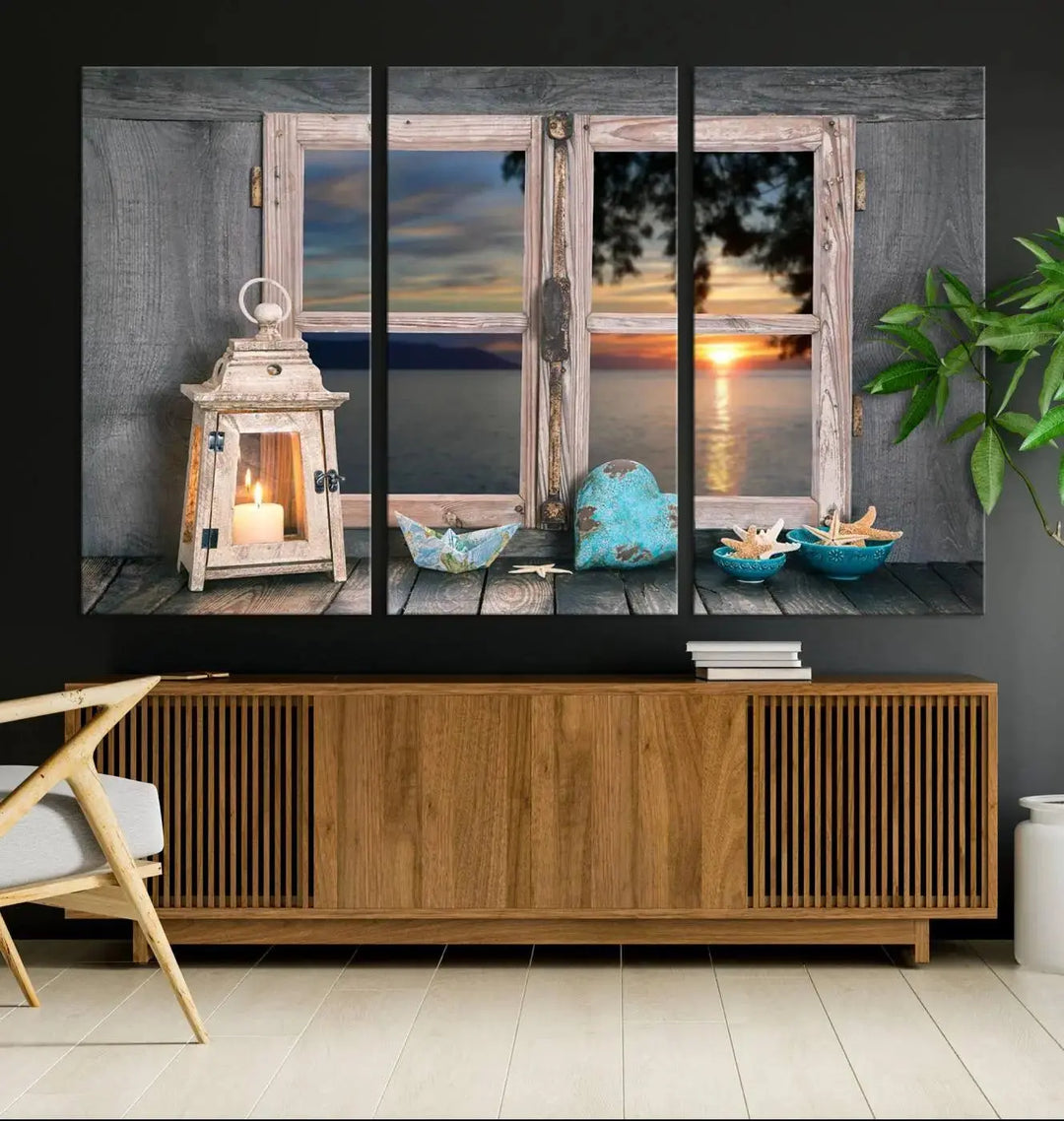 Enhance your living space with the Astonishing Sunset from the Window Wall Art Canvas Print. This triptych, crafted on museum-quality canvas with a UV-protective coating, showcases a breathtaking seaside sunset view through rustic wooden windows. It's ready to hang and will effortlessly elevate your room.