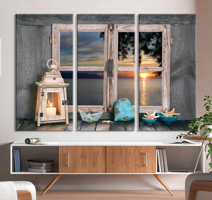 Enhance your living space with the Astonishing Sunset from the Window Wall Art Canvas Print. This triptych, crafted on museum-quality canvas with a UV-protective coating, showcases a breathtaking seaside sunset view through rustic wooden windows. It's ready to hang and will effortlessly elevate your room.