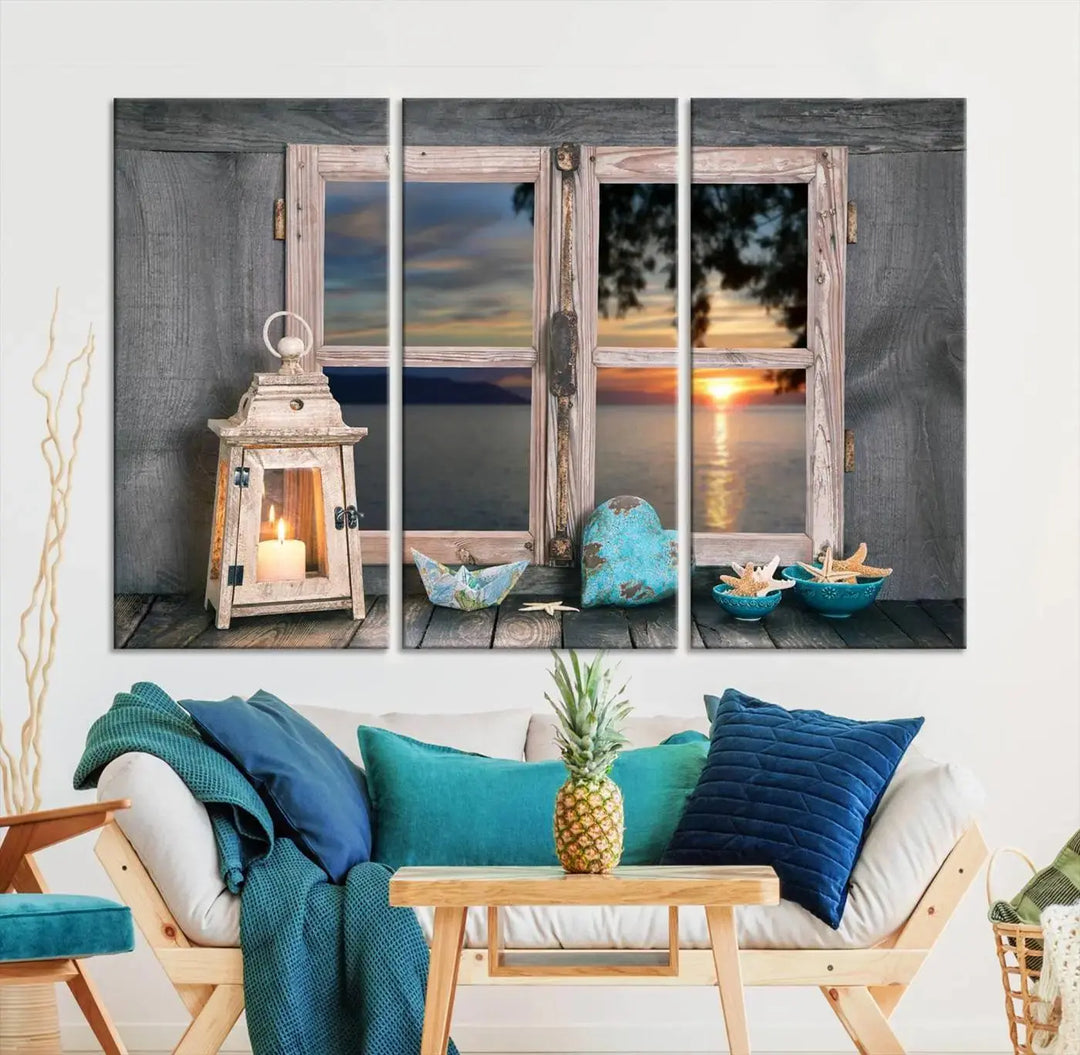 Enhance your living space with the Astonishing Sunset from the Window Wall Art Canvas Print. This triptych, crafted on museum-quality canvas with a UV-protective coating, showcases a breathtaking seaside sunset view through rustic wooden windows. It's ready to hang and will effortlessly elevate your room.