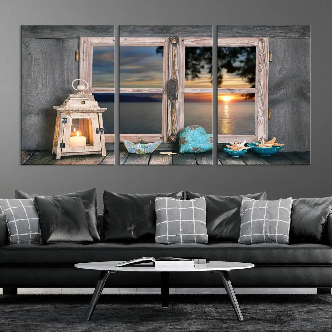 Enhance your living space with the Astonishing Sunset from the Window Wall Art Canvas Print. This triptych, crafted on museum-quality canvas with a UV-protective coating, showcases a breathtaking seaside sunset view through rustic wooden windows. It's ready to hang and will effortlessly elevate your room.