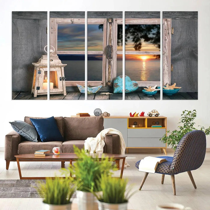 Enhance your living space with the Astonishing Sunset from the Window Wall Art Canvas Print. This triptych, crafted on museum-quality canvas with a UV-protective coating, showcases a breathtaking seaside sunset view through rustic wooden windows. It's ready to hang and will effortlessly elevate your room.