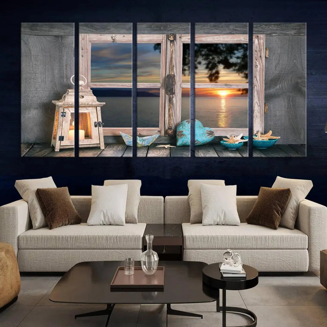 Enhance your living space with the Astonishing Sunset from the Window Wall Art Canvas Print. This triptych, crafted on museum-quality canvas with a UV-protective coating, showcases a breathtaking seaside sunset view through rustic wooden windows. It's ready to hang and will effortlessly elevate your room.