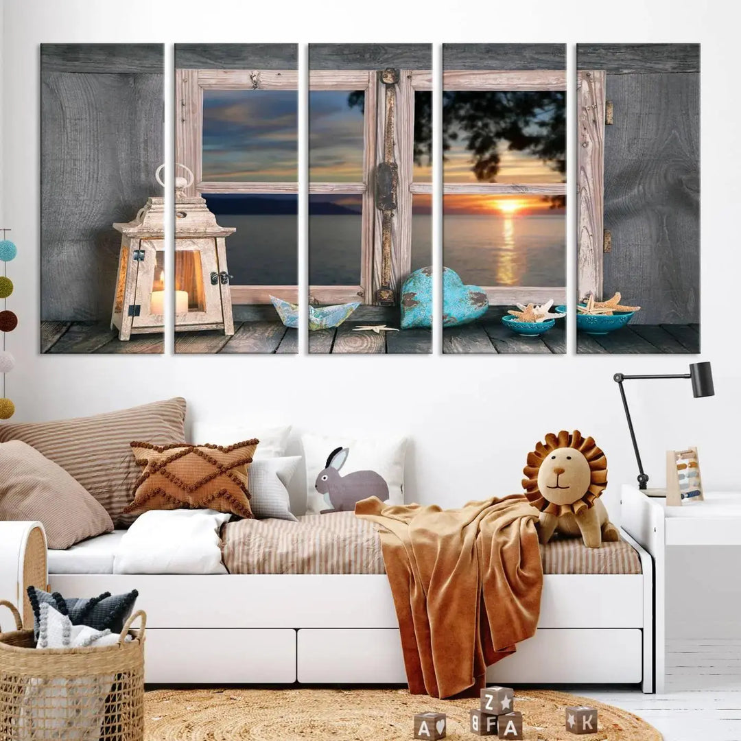 Enhance your living space with the Astonishing Sunset from the Window Wall Art Canvas Print. This triptych, crafted on museum-quality canvas with a UV-protective coating, showcases a breathtaking seaside sunset view through rustic wooden windows. It's ready to hang and will effortlessly elevate your room.