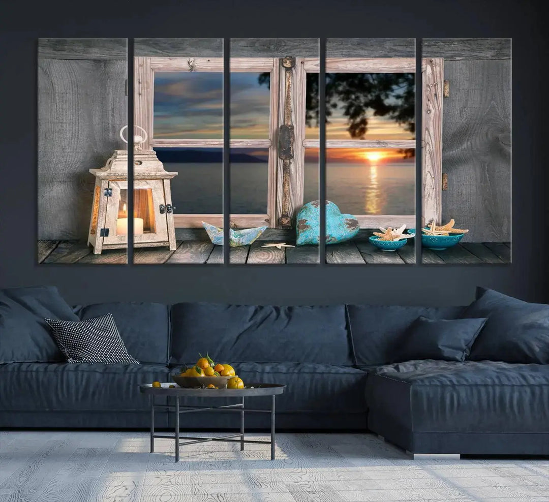 Enhance your living space with the Astonishing Sunset from the Window Wall Art Canvas Print. This triptych, crafted on museum-quality canvas with a UV-protective coating, showcases a breathtaking seaside sunset view through rustic wooden windows. It's ready to hang and will effortlessly elevate your room.