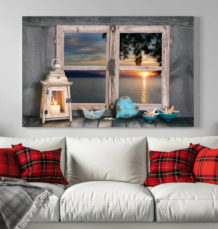 Enhance your living space with the Astonishing Sunset from the Window Wall Art Canvas Print. This triptych, crafted on museum-quality canvas with a UV-protective coating, showcases a breathtaking seaside sunset view through rustic wooden windows. It's ready to hang and will effortlessly elevate your room.