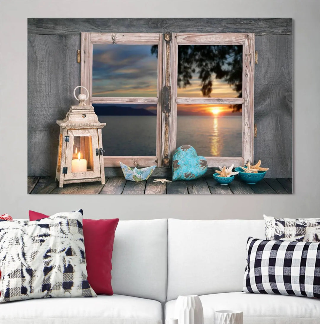 Enhance your living space with the Astonishing Sunset from the Window Wall Art Canvas Print. This triptych, crafted on museum-quality canvas with a UV-protective coating, showcases a breathtaking seaside sunset view through rustic wooden windows. It's ready to hang and will effortlessly elevate your room.