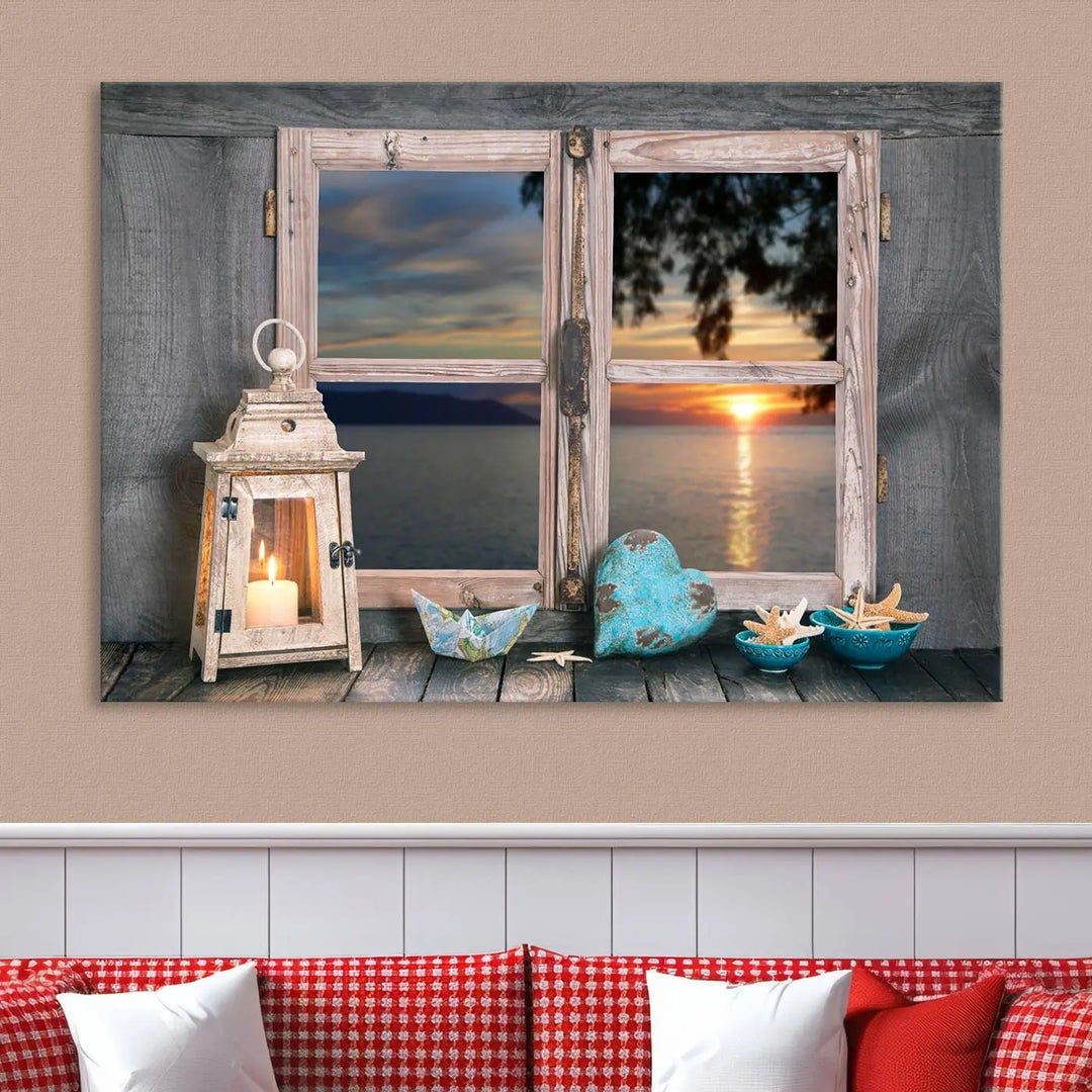 Enhance your living space with the Astonishing Sunset from the Window Wall Art Canvas Print. This triptych, crafted on museum-quality canvas with a UV-protective coating, showcases a breathtaking seaside sunset view through rustic wooden windows. It's ready to hang and will effortlessly elevate your room.