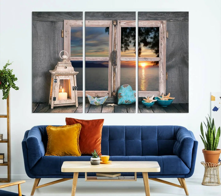 Enhance your living space with the Astonishing Sunset from the Window Wall Art Canvas Print. This triptych, crafted on museum-quality canvas with a UV-protective coating, showcases a breathtaking seaside sunset view through rustic wooden windows. It's ready to hang and will effortlessly elevate your room.