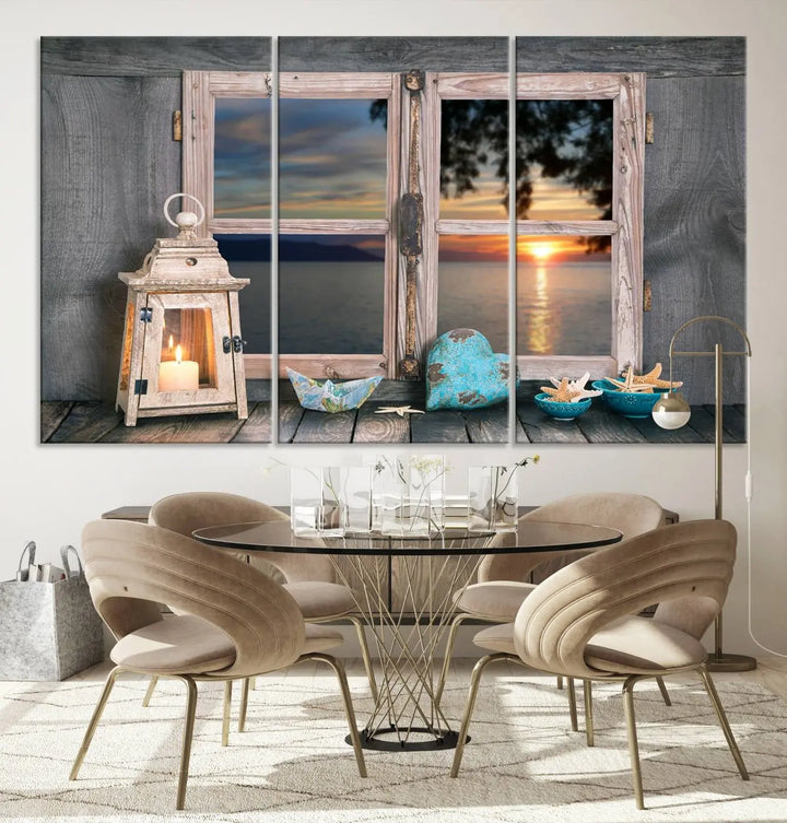 Enhance your living space with the Astonishing Sunset from the Window Wall Art Canvas Print. This triptych, crafted on museum-quality canvas with a UV-protective coating, showcases a breathtaking seaside sunset view through rustic wooden windows. It's ready to hang and will effortlessly elevate your room.