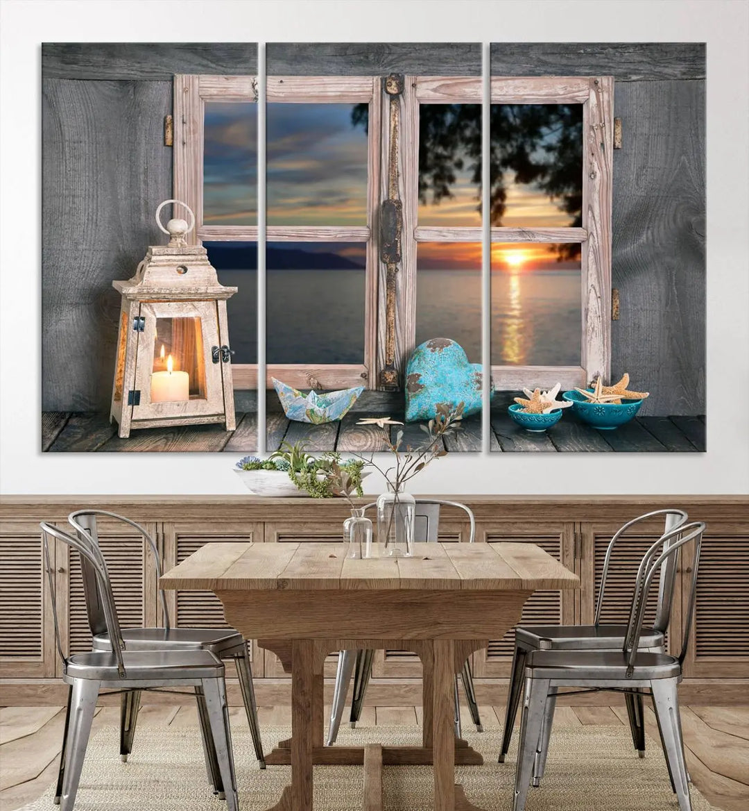 Enhance your living space with the Astonishing Sunset from the Window Wall Art Canvas Print. This triptych, crafted on museum-quality canvas with a UV-protective coating, showcases a breathtaking seaside sunset view through rustic wooden windows. It's ready to hang and will effortlessly elevate your room.