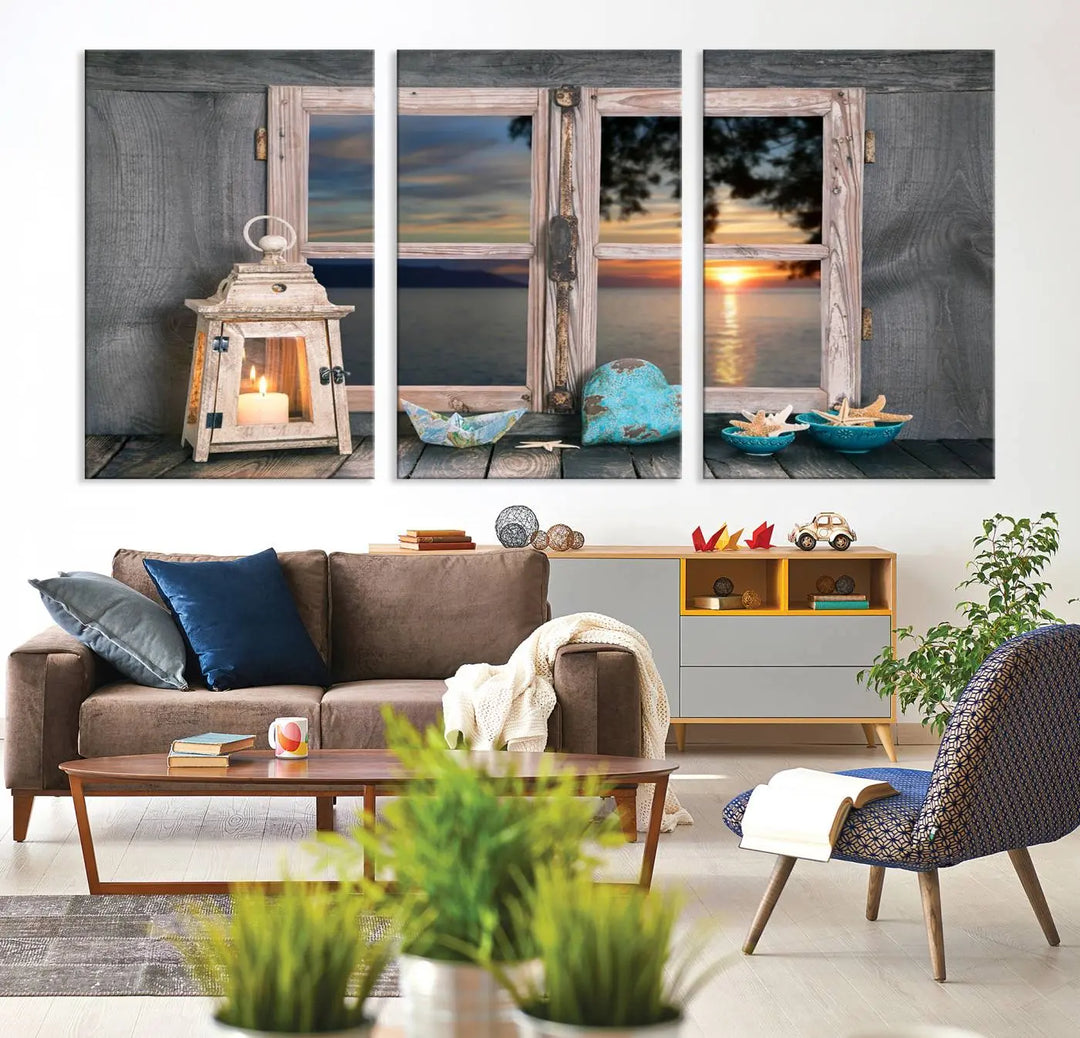 Enhance your living space with the Astonishing Sunset from the Window Wall Art Canvas Print. This triptych, crafted on museum-quality canvas with a UV-protective coating, showcases a breathtaking seaside sunset view through rustic wooden windows. It's ready to hang and will effortlessly elevate your room.