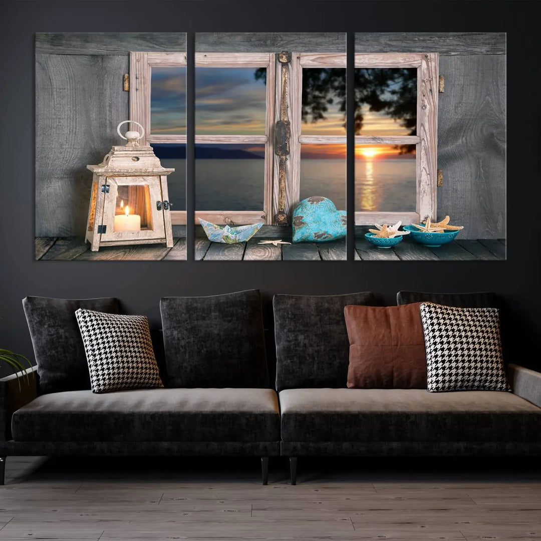 Enhance your living space with the Astonishing Sunset from the Window Wall Art Canvas Print. This triptych, crafted on museum-quality canvas with a UV-protective coating, showcases a breathtaking seaside sunset view through rustic wooden windows. It's ready to hang and will effortlessly elevate your room.