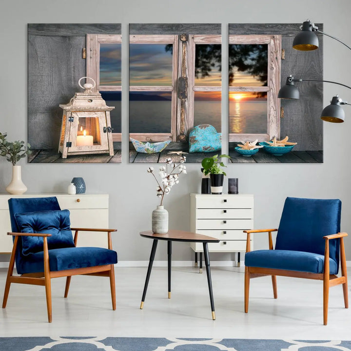 Enhance your living space with the Astonishing Sunset from the Window Wall Art Canvas Print. This triptych, crafted on museum-quality canvas with a UV-protective coating, showcases a breathtaking seaside sunset view through rustic wooden windows. It's ready to hang and will effortlessly elevate your room.