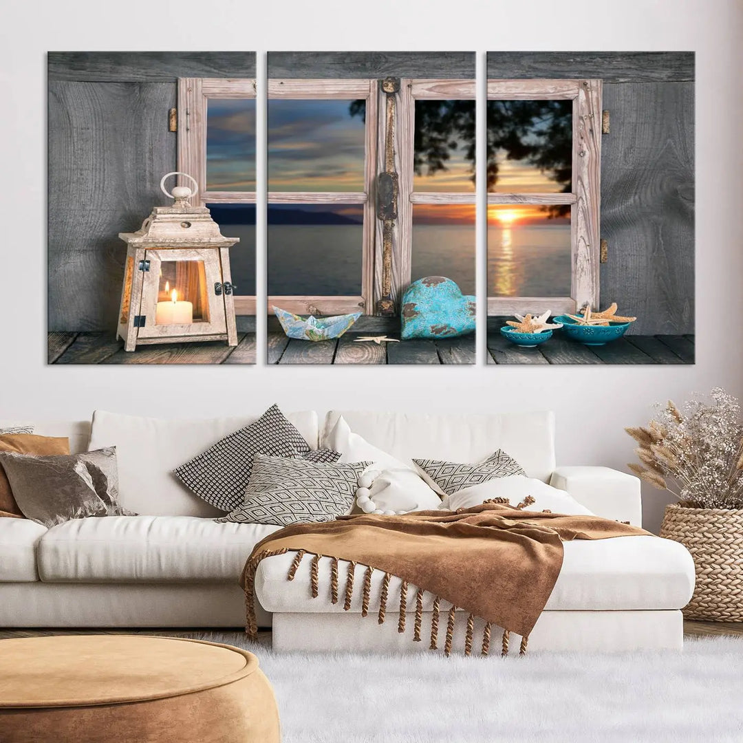 Enhance your living space with the Astonishing Sunset from the Window Wall Art Canvas Print. This triptych, crafted on museum-quality canvas with a UV-protective coating, showcases a breathtaking seaside sunset view through rustic wooden windows. It's ready to hang and will effortlessly elevate your room.