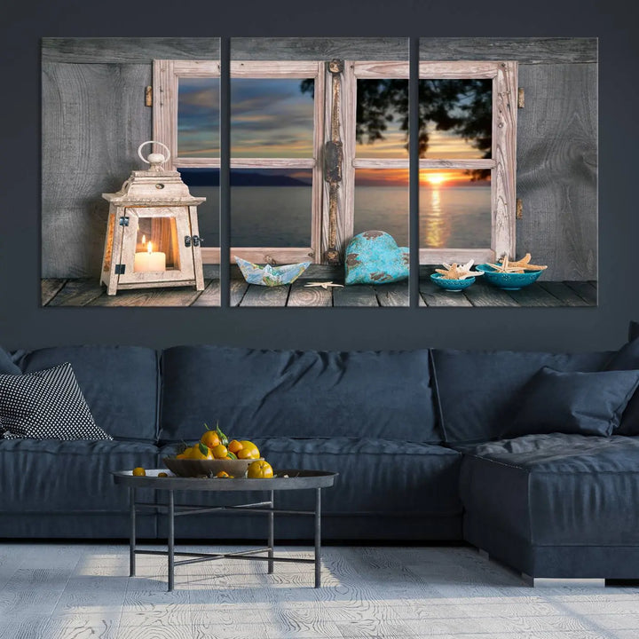 Enhance your living space with the Astonishing Sunset from the Window Wall Art Canvas Print. This triptych, crafted on museum-quality canvas with a UV-protective coating, showcases a breathtaking seaside sunset view through rustic wooden windows. It's ready to hang and will effortlessly elevate your room.