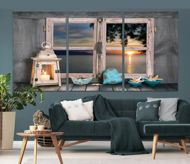 Enhance your living space with the Astonishing Sunset from the Window Wall Art Canvas Print. This triptych, crafted on museum-quality canvas with a UV-protective coating, showcases a breathtaking seaside sunset view through rustic wooden windows. It's ready to hang and will effortlessly elevate your room.