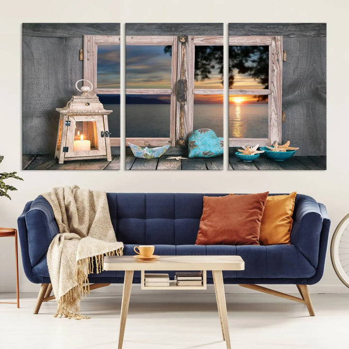 Enhance your living space with the Astonishing Sunset from the Window Wall Art Canvas Print. This triptych, crafted on museum-quality canvas with a UV-protective coating, showcases a breathtaking seaside sunset view through rustic wooden windows. It's ready to hang and will effortlessly elevate your room.