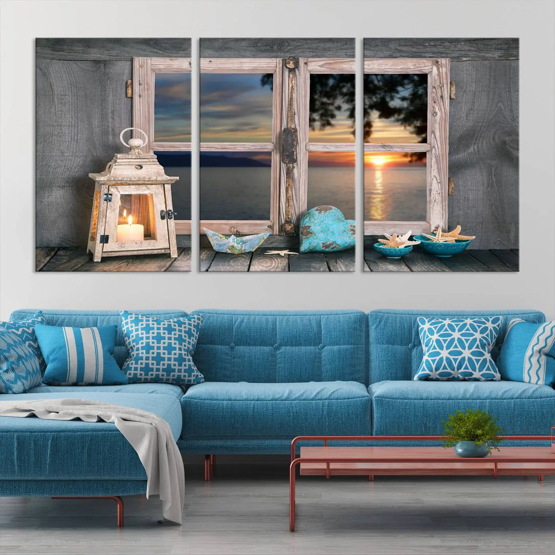 Enhance your living space with the Astonishing Sunset from the Window Wall Art Canvas Print. This triptych, crafted on museum-quality canvas with a UV-protective coating, showcases a breathtaking seaside sunset view through rustic wooden windows. It's ready to hang and will effortlessly elevate your room.