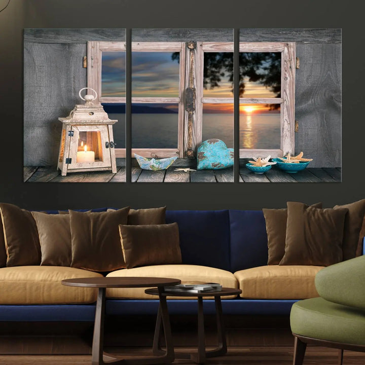 Enhance your living space with the Astonishing Sunset from the Window Wall Art Canvas Print. This triptych, crafted on museum-quality canvas with a UV-protective coating, showcases a breathtaking seaside sunset view through rustic wooden windows. It's ready to hang and will effortlessly elevate your room.