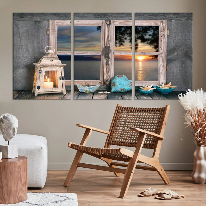 Enhance your living space with the Astonishing Sunset from the Window Wall Art Canvas Print. This triptych, crafted on museum-quality canvas with a UV-protective coating, showcases a breathtaking seaside sunset view through rustic wooden windows. It's ready to hang and will effortlessly elevate your room.