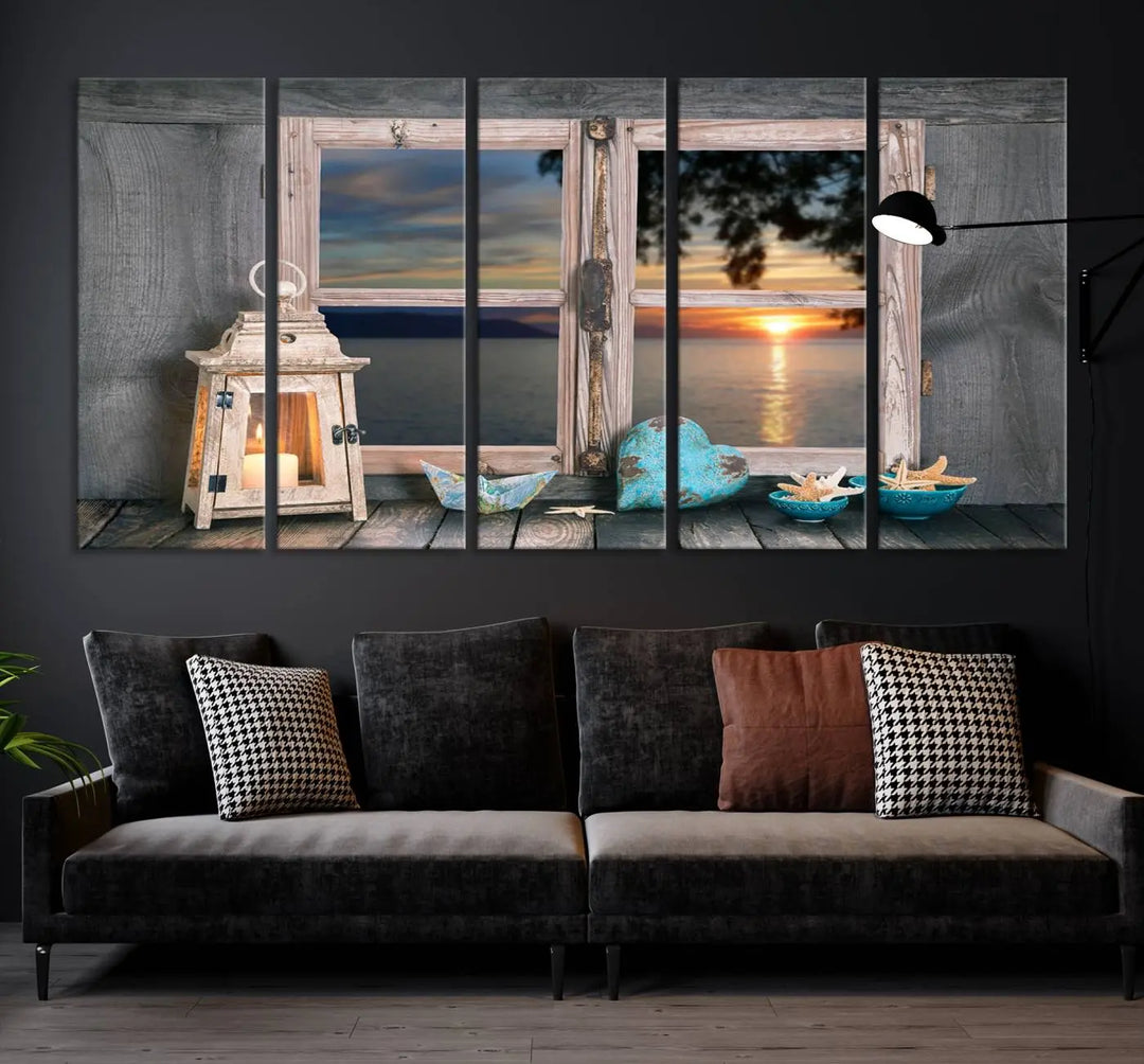 Enhance your living space with the Astonishing Sunset from the Window Wall Art Canvas Print. This triptych, crafted on museum-quality canvas with a UV-protective coating, showcases a breathtaking seaside sunset view through rustic wooden windows. It's ready to hang and will effortlessly elevate your room.