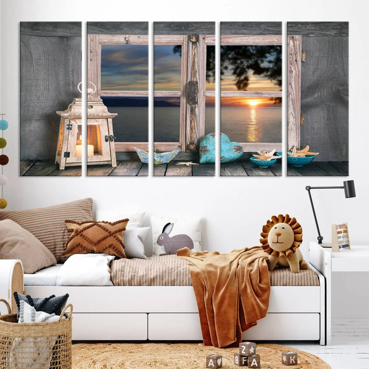 Enhance your living space with the Astonishing Sunset from the Window Wall Art Canvas Print. This triptych, crafted on museum-quality canvas with a UV-protective coating, showcases a breathtaking seaside sunset view through rustic wooden windows. It's ready to hang and will effortlessly elevate your room.