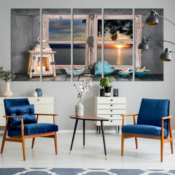 Enhance your living space with the Astonishing Sunset from the Window Wall Art Canvas Print. This triptych, crafted on museum-quality canvas with a UV-protective coating, showcases a breathtaking seaside sunset view through rustic wooden windows. It's ready to hang and will effortlessly elevate your room.