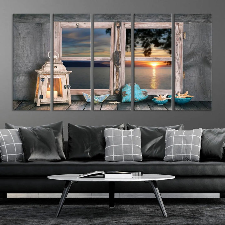 Enhance your living space with the Astonishing Sunset from the Window Wall Art Canvas Print. This triptych, crafted on museum-quality canvas with a UV-protective coating, showcases a breathtaking seaside sunset view through rustic wooden windows. It's ready to hang and will effortlessly elevate your room.