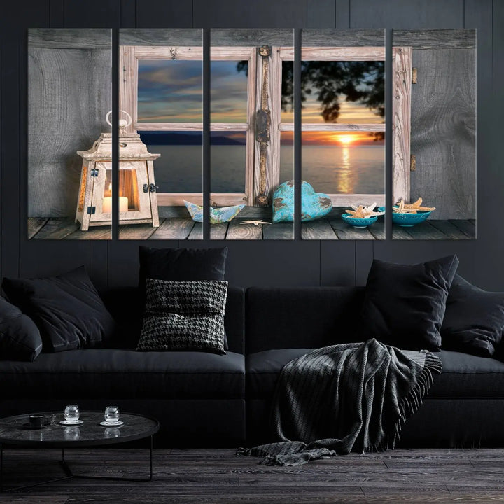 Enhance your living space with the Astonishing Sunset from the Window Wall Art Canvas Print. This triptych, crafted on museum-quality canvas with a UV-protective coating, showcases a breathtaking seaside sunset view through rustic wooden windows. It's ready to hang and will effortlessly elevate your room.