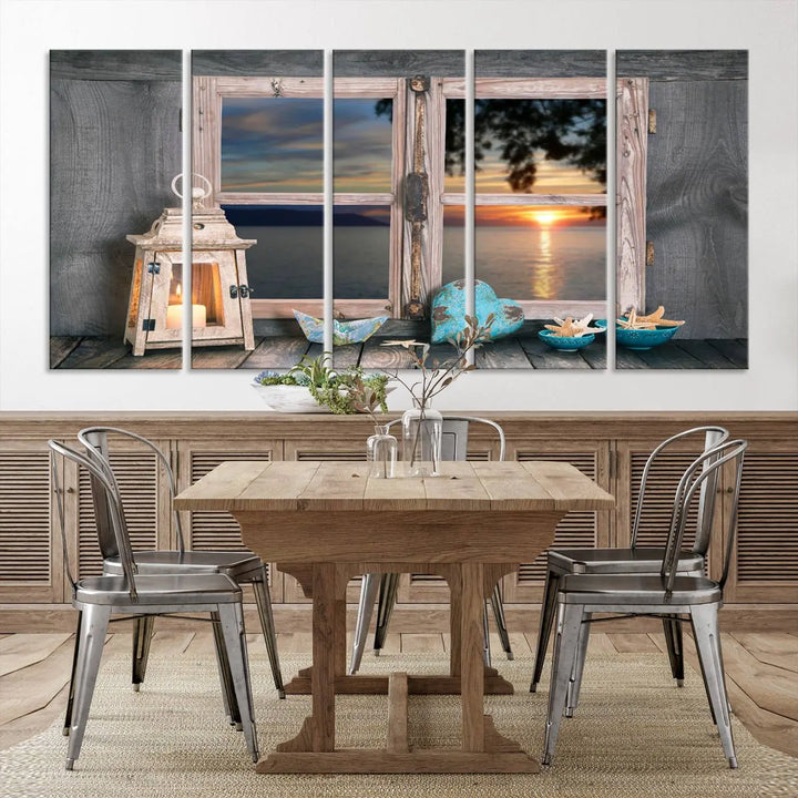 Enhance your living space with the Astonishing Sunset from the Window Wall Art Canvas Print. This triptych, crafted on museum-quality canvas with a UV-protective coating, showcases a breathtaking seaside sunset view through rustic wooden windows. It's ready to hang and will effortlessly elevate your room.