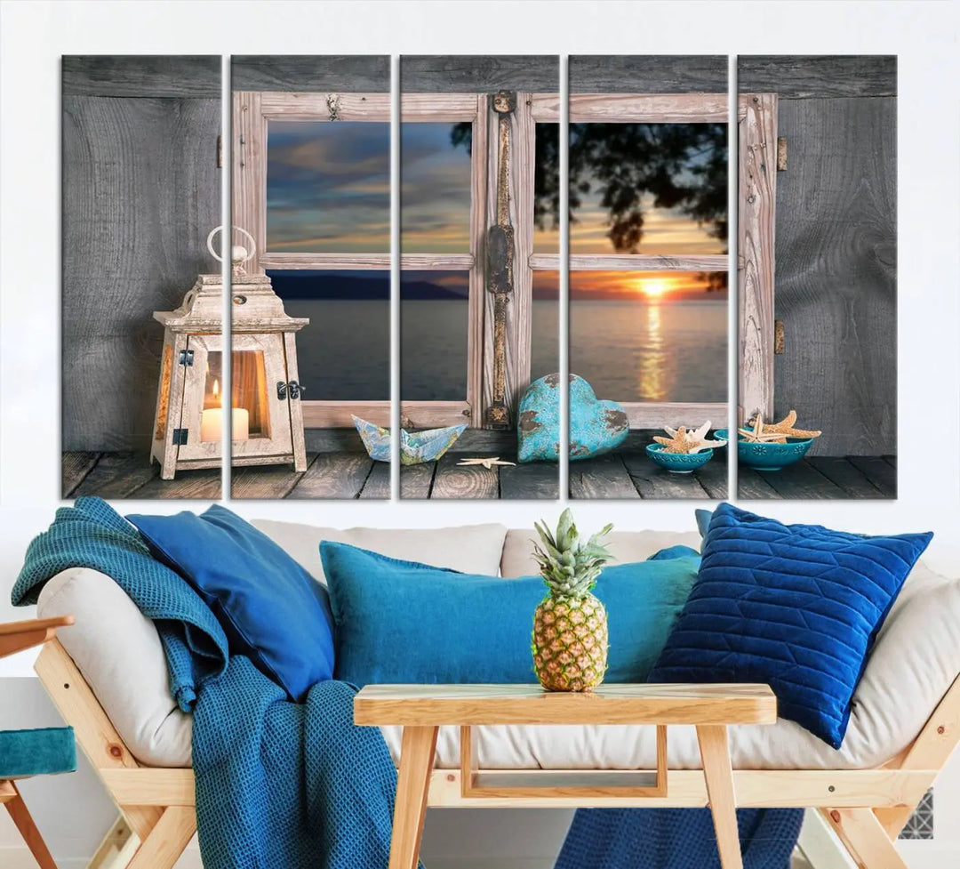 Enhance your living space with the Astonishing Sunset from the Window Wall Art Canvas Print. This triptych, crafted on museum-quality canvas with a UV-protective coating, showcases a breathtaking seaside sunset view through rustic wooden windows. It's ready to hang and will effortlessly elevate your room.