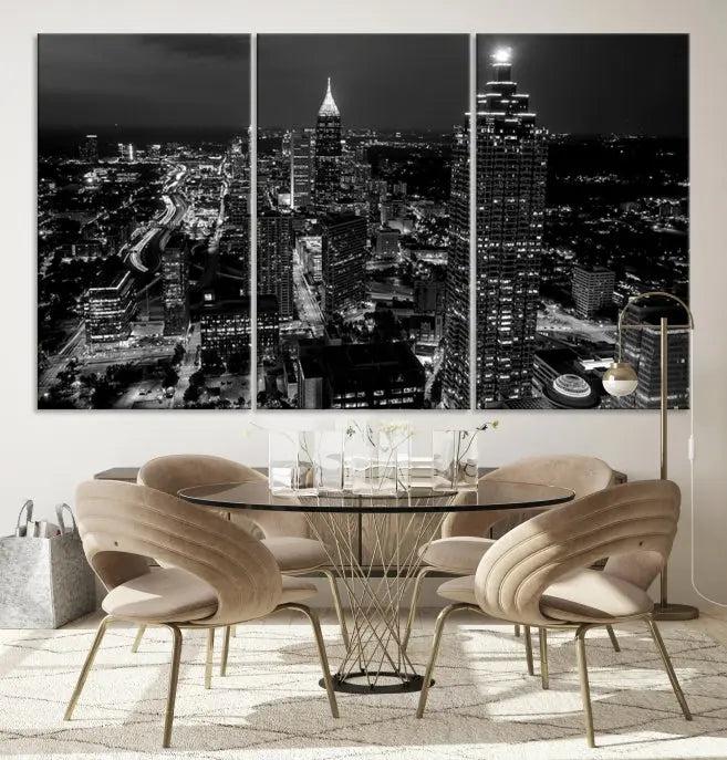 The contemporary living room features the "Atlanta Building Skyline Black and White Wall Art Cityscape Canvas Print" on the wall, designed as a gallery-wrapped museum-quality canvas for lasting elegance.