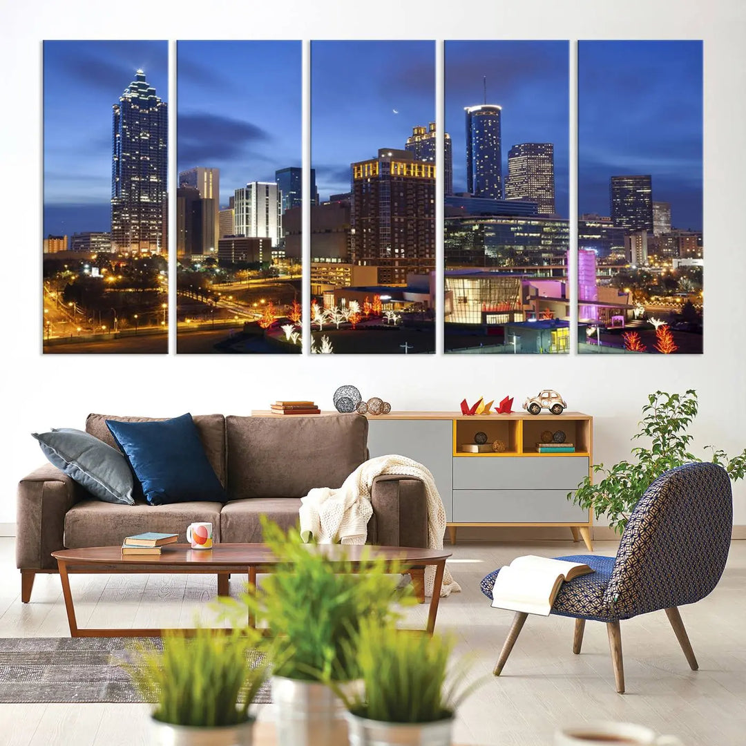 The Atlanta City Canvas Print adorns the wall, showcasing the cityscape of illuminated skyscrapers at dusk on a gallery-wrapped museum-quality canvas.