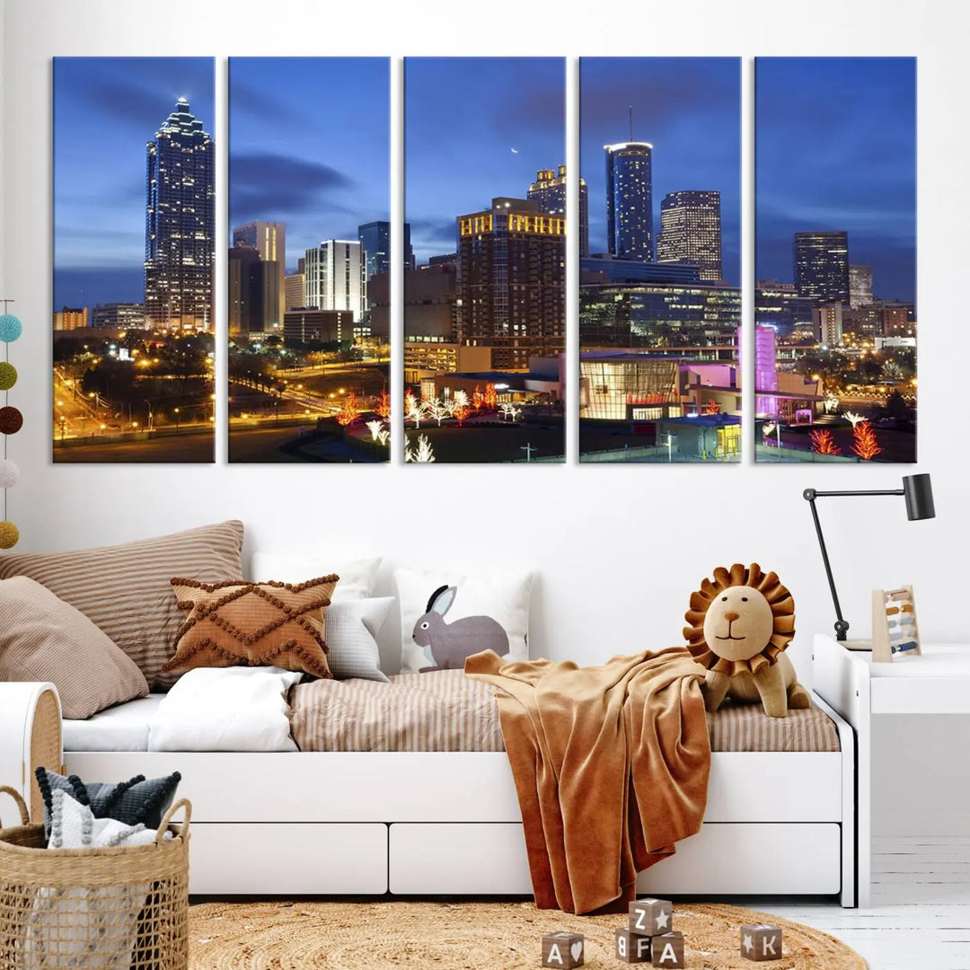 The Atlanta City Canvas Print adorns the wall, showcasing the cityscape of illuminated skyscrapers at dusk on a gallery-wrapped museum-quality canvas.